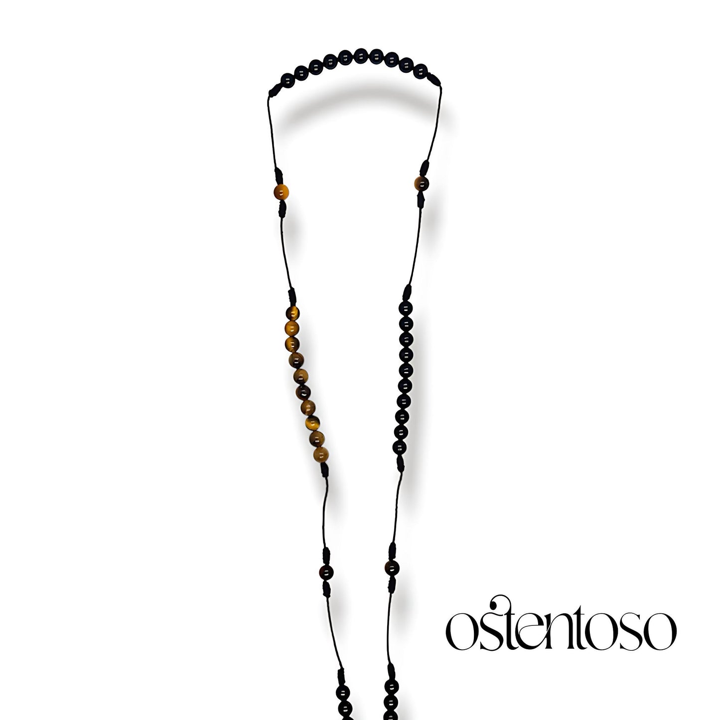 LE ROSARIO : Onyx + Oeil de tigre doré et Croix en or 18 carats.