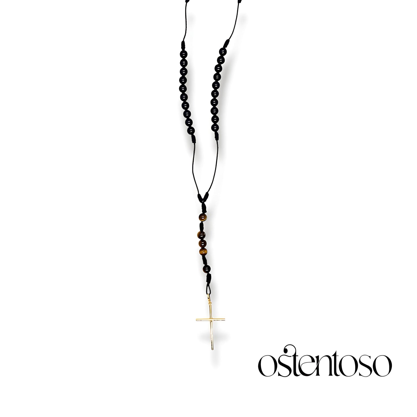 LE ROSARIO : Onyx + Oeil de tigre doré et Croix en or 18 carats.