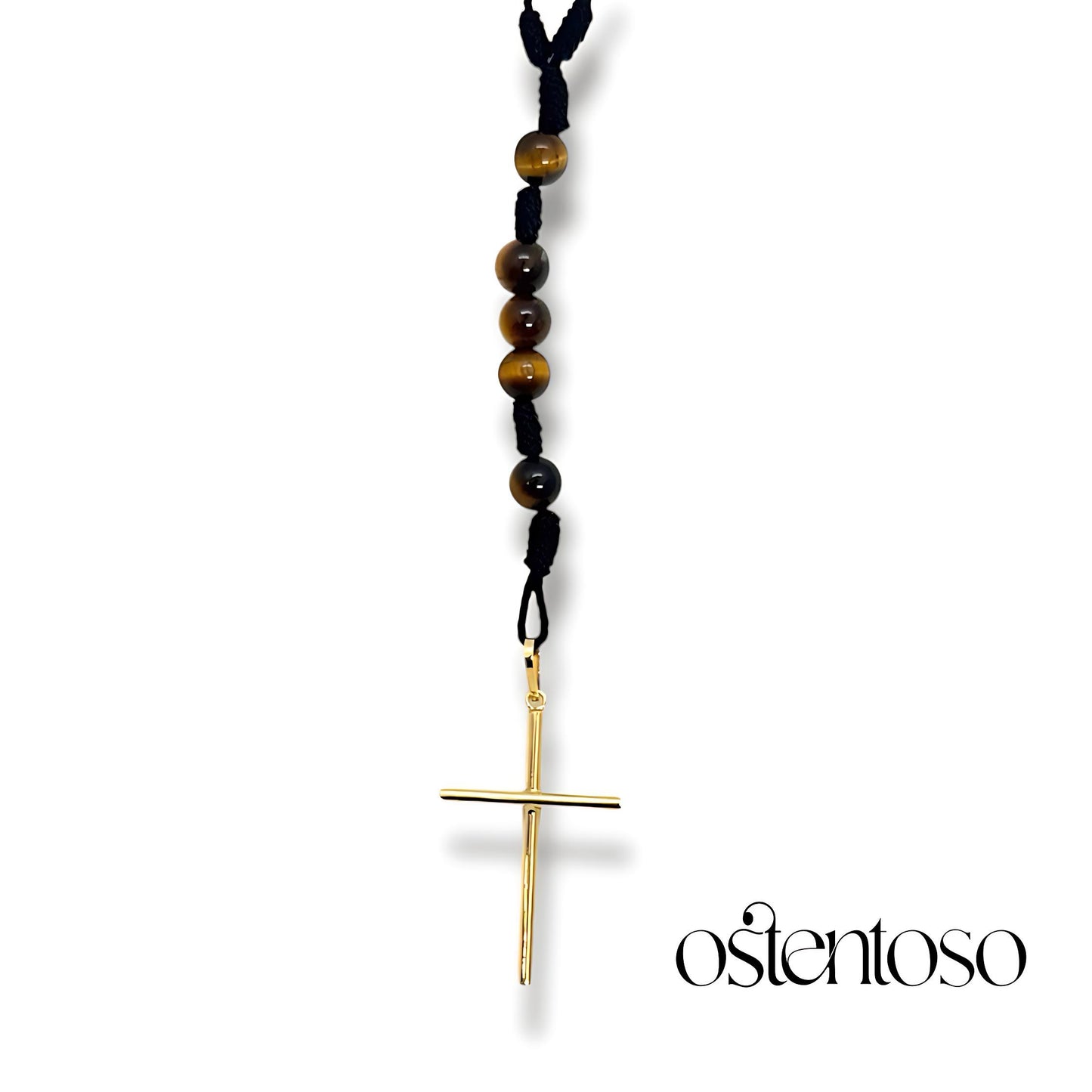 LE ROSARIO : Onyx + Oeil de tigre doré et Croix en or 18 carats.