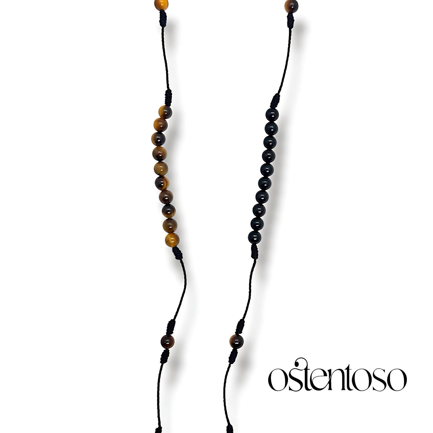 LE ROSARIO : Onyx + Oeil de tigre doré et Croix en or 18 carats.