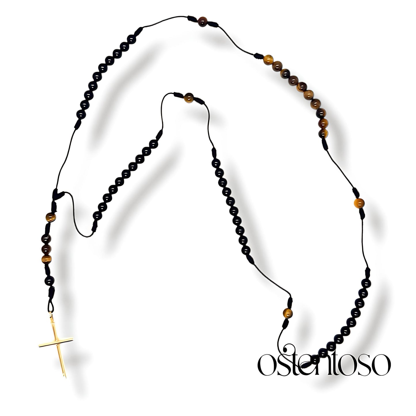 LE ROSARIO : Onyx + Oeil de tigre doré et Croix en or 18 carats.