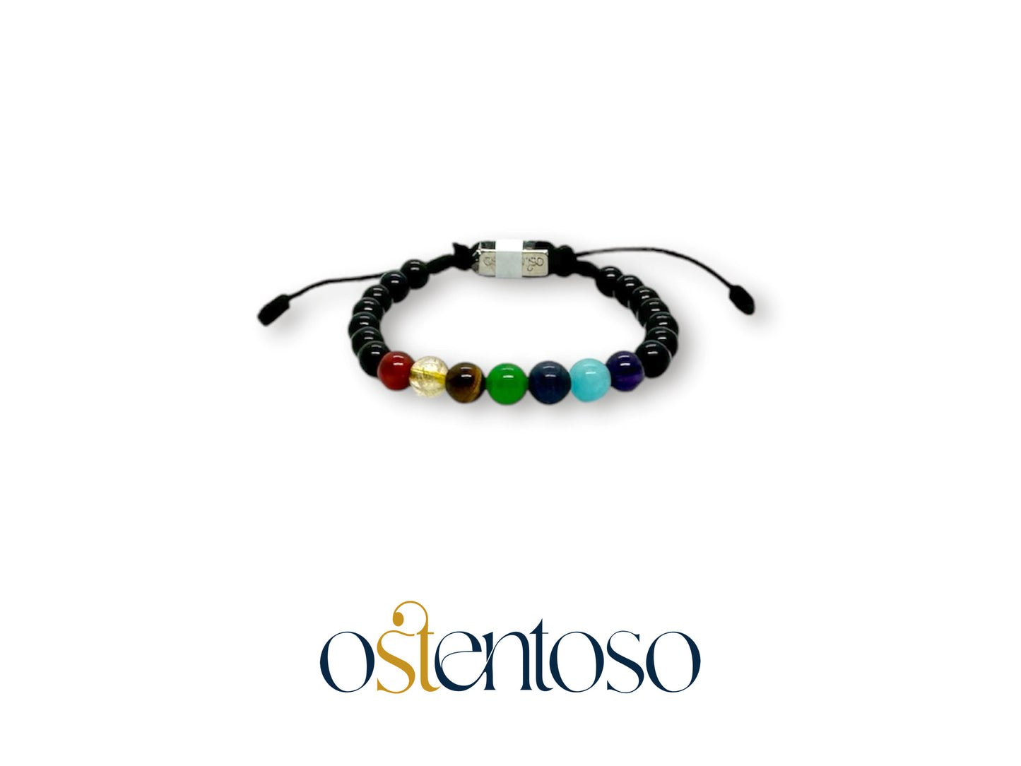 Bracelet Sept Chakras avec Onyx sphérique brillant taille n°6 mm.