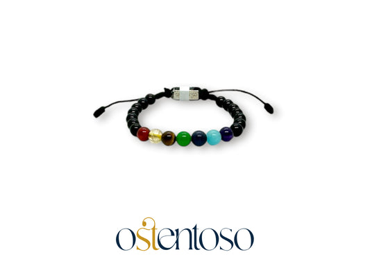 Bracelet Sept Chakras avec Onyx sphérique brillant taille n°6 mm.
