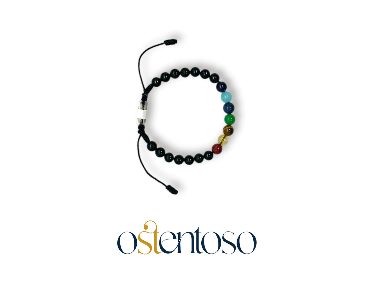 Bracelet Sept Chakras avec Onyx sphérique brillant taille n°6 mm.