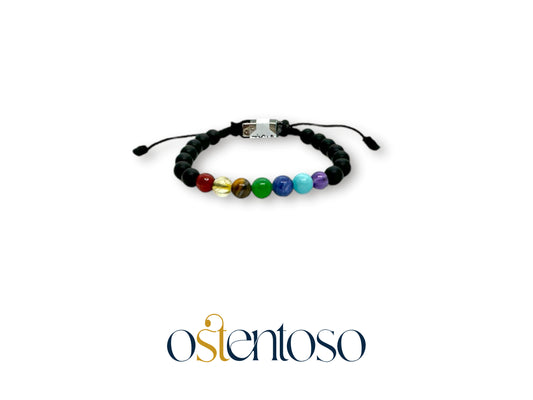 Bracelet Sept Chakras avec Onyx sphérique mat taille n°6 mm.