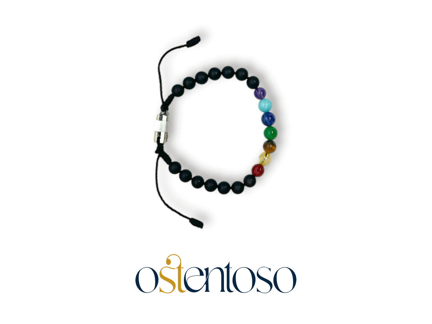 Bracelet Sept Chakras avec Onyx sphérique mat taille n°6 mm.