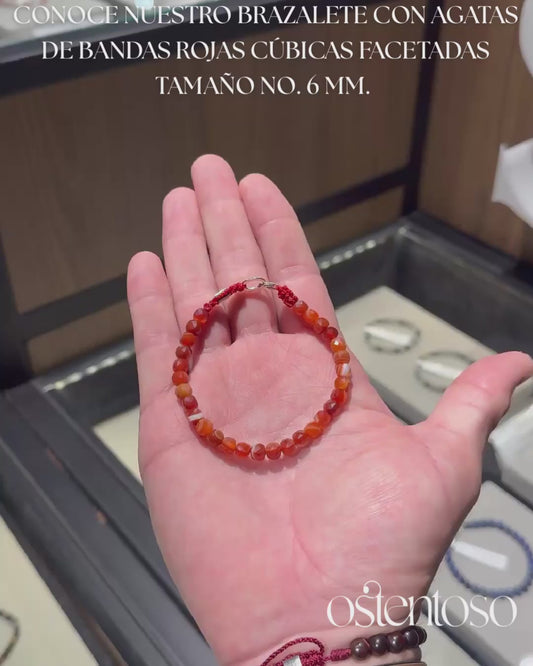 Brazalete Agata Bandas rojas cúbico facetado tamaño No. 6 mm.