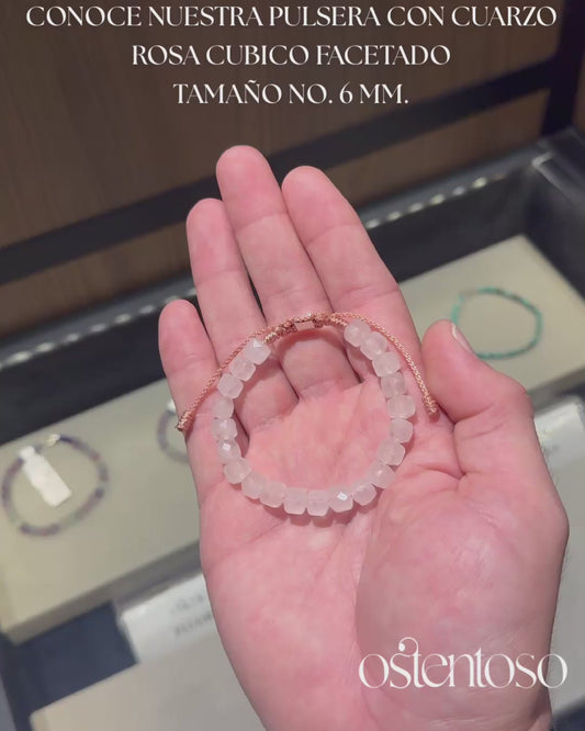 Pulsera Cuarzo Rosa cubico facetado tamaño No. 6 mm.