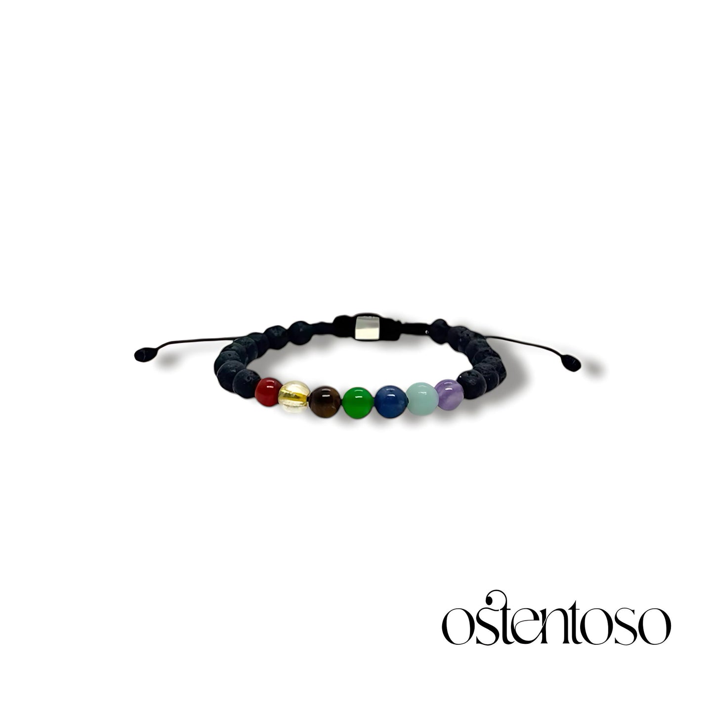 Bracelet Sept Chakras avec Roche Volcanique sphérique taille n°6 mm.