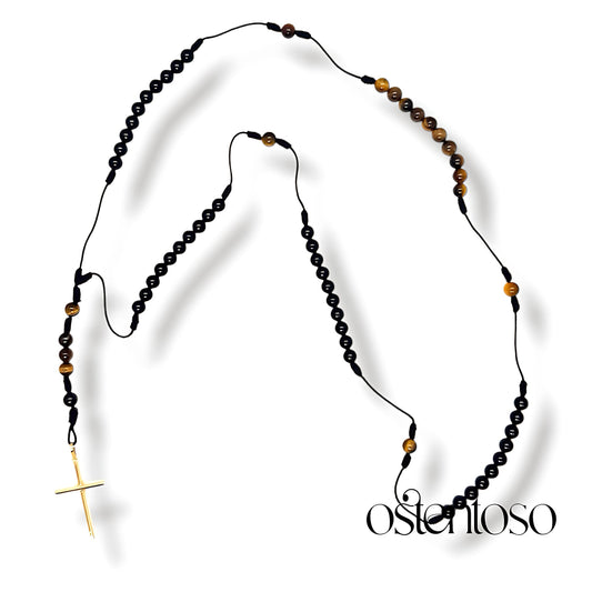LE ROSARIO : Onyx + Oeil de tigre doré et Croix en or 18 carats.