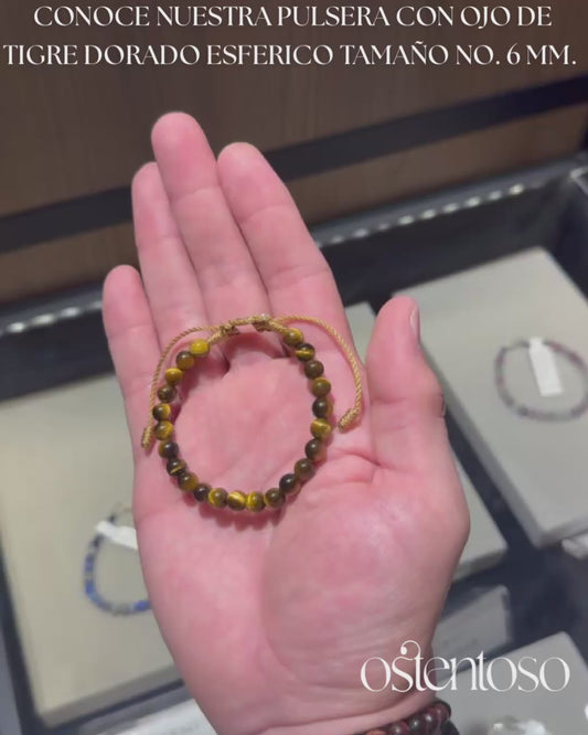 Pulsera Ojo de Tigre dorado esferica tamaño No. 6 mm.